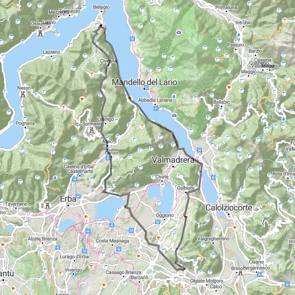 Map miniature of "Climb the Monte Scioscia" cycling inspiration in Lombardia, Italy. Generated by Tarmacs.app cycling route planner