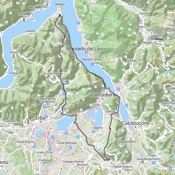 Miniatuurkaart van de fietsinspiratie "De Molteno en Monte Scioscia Route" in Lombardia, Italy. Gemaakt door de Tarmacs.app fietsrouteplanner