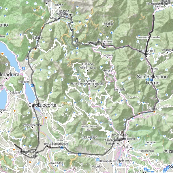 Karten-Miniaturansicht der Radinspiration "Hügelige Rundfahrt durch die lombardische Landschaft" in Lombardia, Italy. Erstellt vom Tarmacs.app-Routenplaner für Radtouren