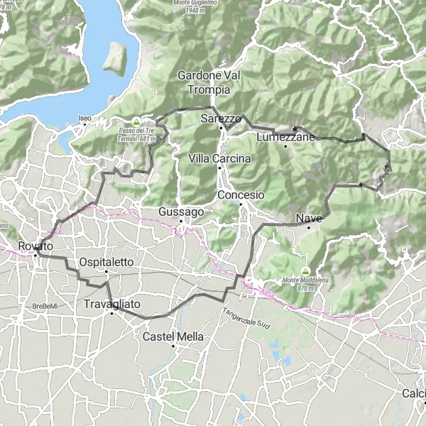 Mapa miniatúra "Kolesárska trasa okolo Rovata cez Passirano a Lumezzane" cyklistická inšpirácia v Lombardia, Italy. Vygenerované cyklistickým plánovačom trás Tarmacs.app