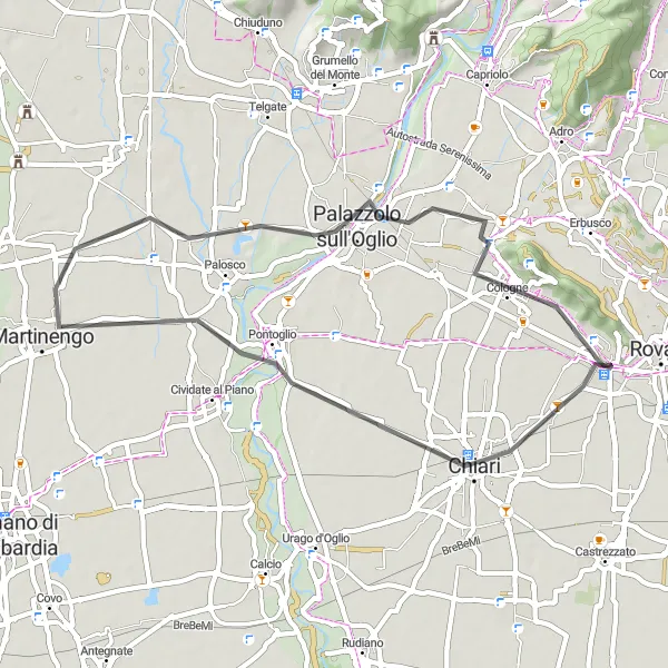 Karttaminiaatyyri "Rovato - Coccaglio - Martinengo - Palazzolo sull'Oglio - Monte Orfano" pyöräilyinspiraatiosta alueella Lombardia, Italy. Luotu Tarmacs.app pyöräilyreittisuunnittelijalla