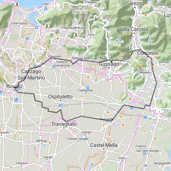 Miniatua del mapa de inspiración ciclista "Ruta de 53 km en carretera desde Rodengo Saiano" en Lombardia, Italy. Generado por Tarmacs.app planificador de rutas ciclistas