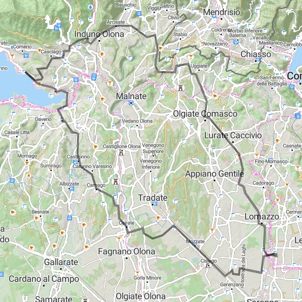 Zemljevid v pomanjšavi "Velika avantura okoli jezera Varese" kolesarske inspiracije v Lombardia, Italy. Generirano z načrtovalcem kolesarskih poti Tarmacs.app