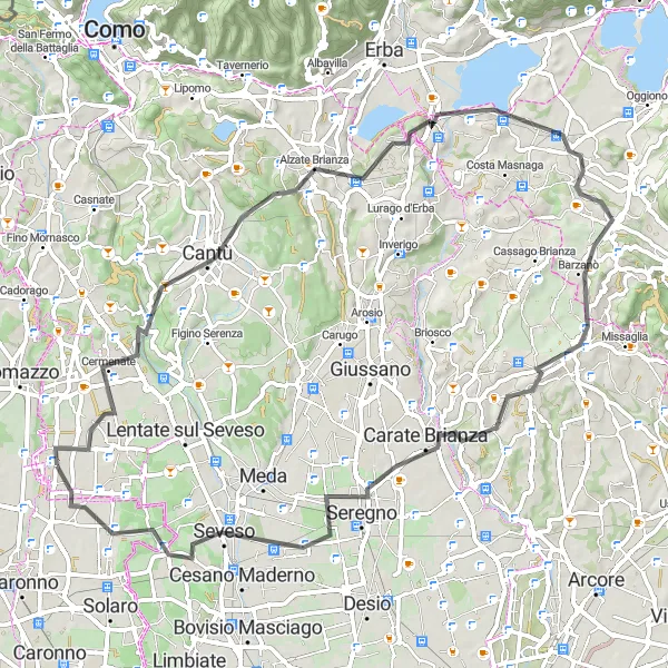 Mapa miniatúra "Cesta okolo Rovellasca cez Besana in Brianza" cyklistická inšpirácia v Lombardia, Italy. Vygenerované cyklistickým plánovačom trás Tarmacs.app