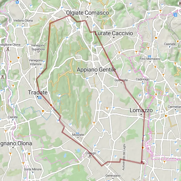 Miniaturní mapa "Gravelová cyklistická trasa kolem Rovella Porro" inspirace pro cyklisty v oblasti Lombardia, Italy. Vytvořeno pomocí plánovače tras Tarmacs.app