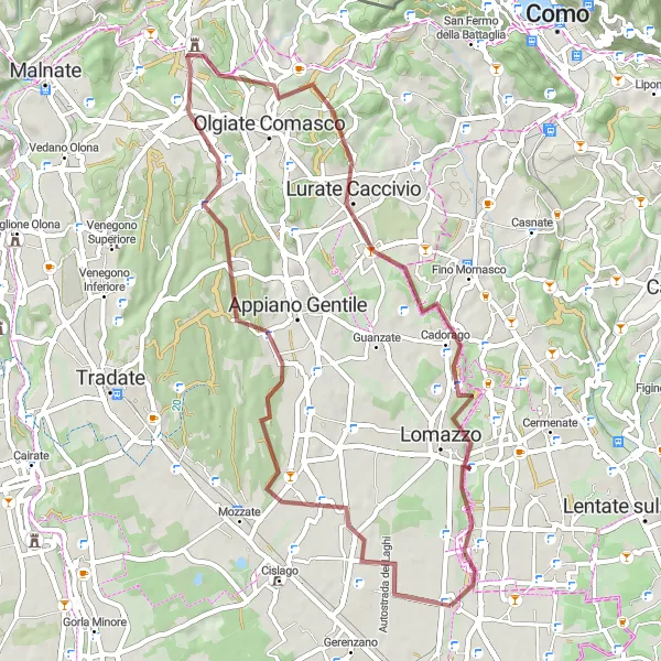 Miniatura della mappa di ispirazione al ciclismo "Giro in Gravel tra Rovello Porro e Rovellasca" nella regione di Lombardia, Italy. Generata da Tarmacs.app, pianificatore di rotte ciclistiche