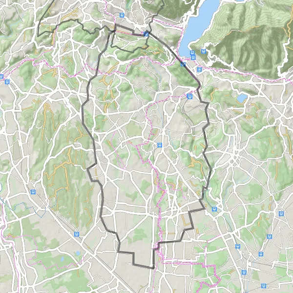 Zemljevid v pomanjšavi "Rovello Porro - Appiano Gentile - Olgiate Comasco - Sasso di Cavallasca - Punto Panoramico Monte Goi - Cucciago - Rovellasca" kolesarske inspiracije v Lombardia, Italy. Generirano z načrtovalcem kolesarskih poti Tarmacs.app