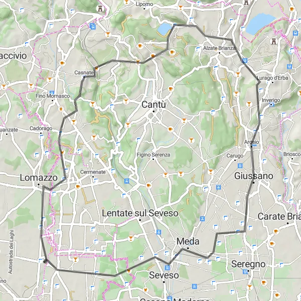 Miniatua del mapa de inspiración ciclista "Rovello Porro - Bregnano - Montorfano - Alzate Brianza - Giussano - Seveso - Cascina Nuova" en Lombardia, Italy. Generado por Tarmacs.app planificador de rutas ciclistas