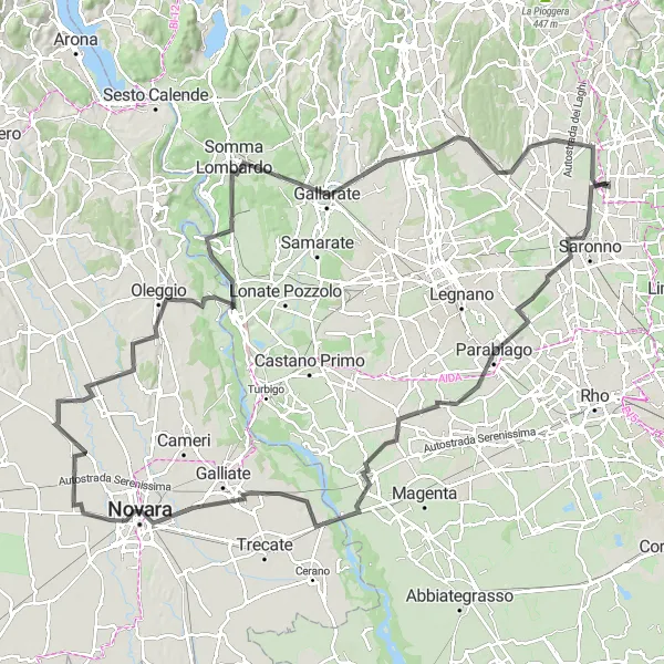 Mapa miniatúra "Okruh cez Novaru" cyklistická inšpirácia v Lombardia, Italy. Vygenerované cyklistickým plánovačom trás Tarmacs.app