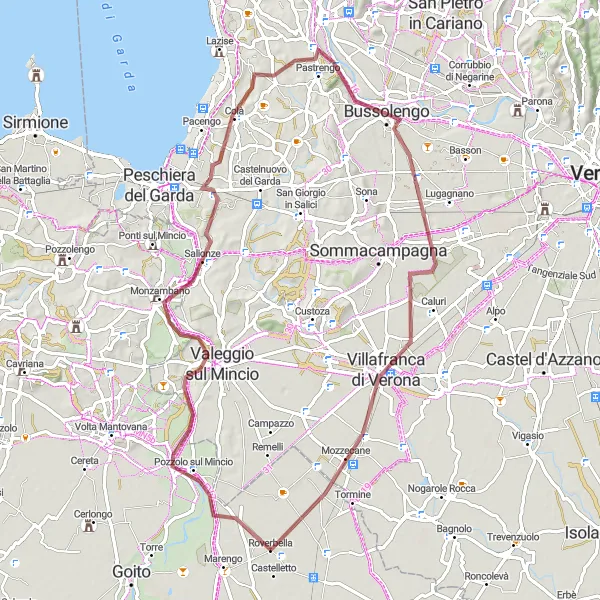 Miniatura della mappa di ispirazione al ciclismo "Esplorazione in bicicletta da Roverbella a Villafranca di Verona" nella regione di Lombardia, Italy. Generata da Tarmacs.app, pianificatore di rotte ciclistiche