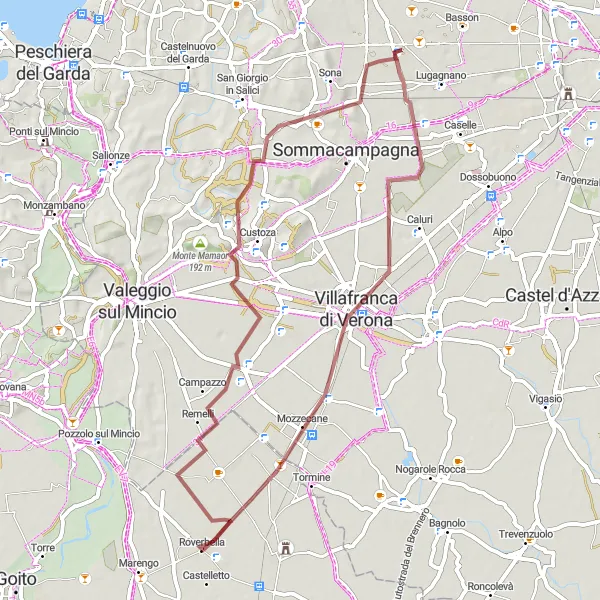 Miniatura della mappa di ispirazione al ciclismo "Percorso in bicicletta da Roverbella a Mozzecane" nella regione di Lombardia, Italy. Generata da Tarmacs.app, pianificatore di rotte ciclistiche