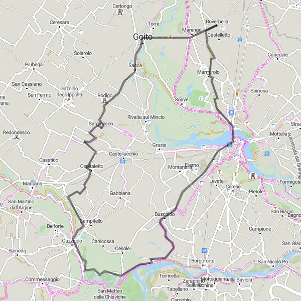Miniatua del mapa de inspiración ciclista "Roverbella - Mantua - Gazzuolo - Goito - Roverbella" en Lombardia, Italy. Generado por Tarmacs.app planificador de rutas ciclistas