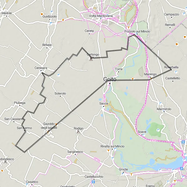 Miniatua del mapa de inspiración ciclista "Ruta de 59 km en carretera desde Roverbella" en Lombardia, Italy. Generado por Tarmacs.app planificador de rutas ciclistas