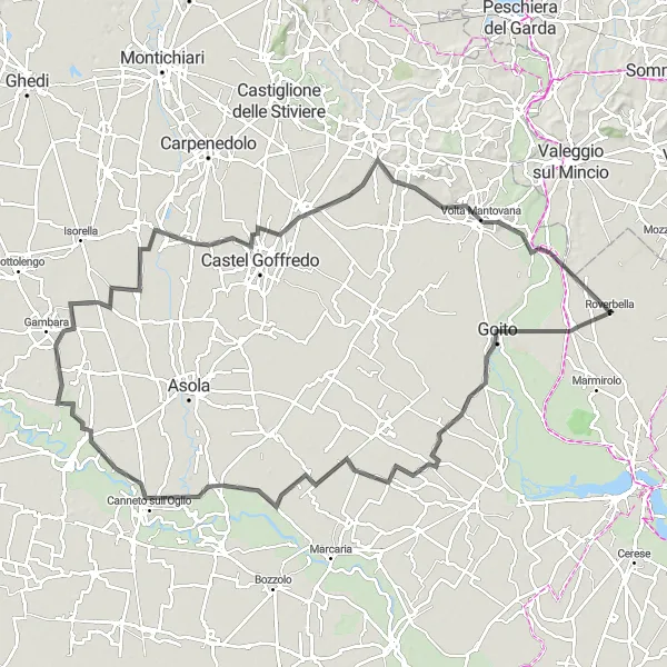 Miniatura della mappa di ispirazione al ciclismo "Esplorazione in bicicletta da Roverbella a Volta Mantovana" nella regione di Lombardia, Italy. Generata da Tarmacs.app, pianificatore di rotte ciclistiche