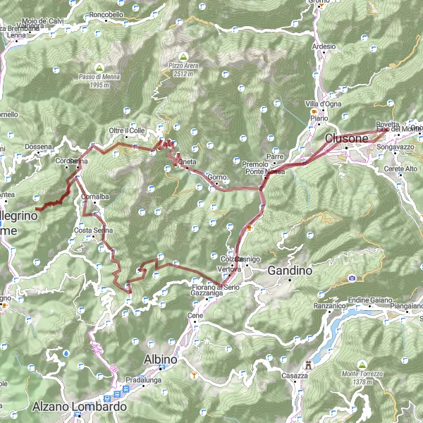 Zemljevid v pomanjšavi "Gravel Krog okoli Rovette" kolesarske inspiracije v Lombardia, Italy. Generirano z načrtovalcem kolesarskih poti Tarmacs.app