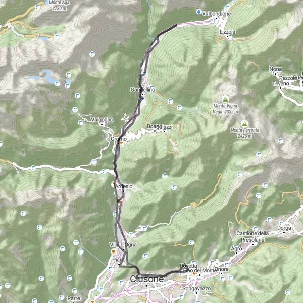 Miniatua del mapa de inspiración ciclista "Ruta en carretera a Monte Simer y Rovetta" en Lombardia, Italy. Generado por Tarmacs.app planificador de rutas ciclistas