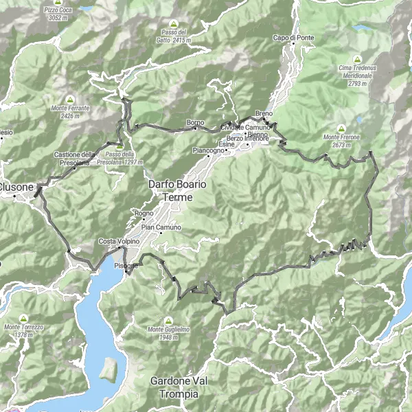 Kartminiatyr av "Utfordrende rute fra Rovetta via Passo di Crocedomini til Songavazzo" sykkelinspirasjon i Lombardia, Italy. Generert av Tarmacs.app sykkelrutoplanlegger