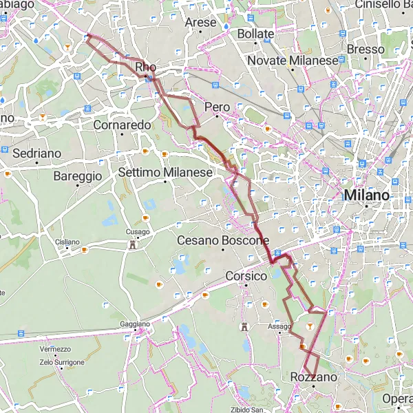 Miniatura della mappa di ispirazione al ciclismo "Percorso gravel da Assago a Rozzano" nella regione di Lombardia, Italy. Generata da Tarmacs.app, pianificatore di rotte ciclistiche