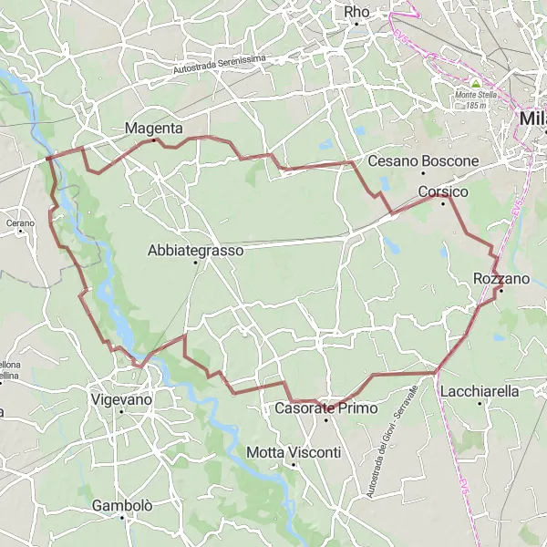 Miniatura della mappa di ispirazione al ciclismo "Giro in bicicletta gravel da Binasco a Rozzano" nella regione di Lombardia, Italy. Generata da Tarmacs.app, pianificatore di rotte ciclistiche