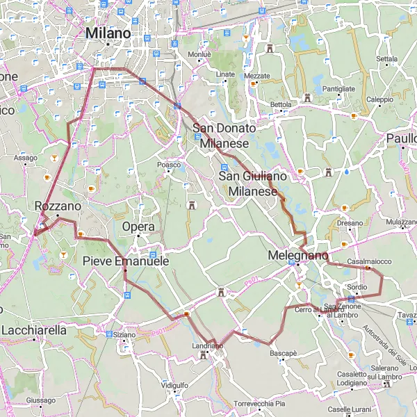 Miniature de la carte de l'inspiration cycliste "Route Gravel auprès de Rozzano" dans la Lombardia, Italy. Générée par le planificateur d'itinéraire cycliste Tarmacs.app