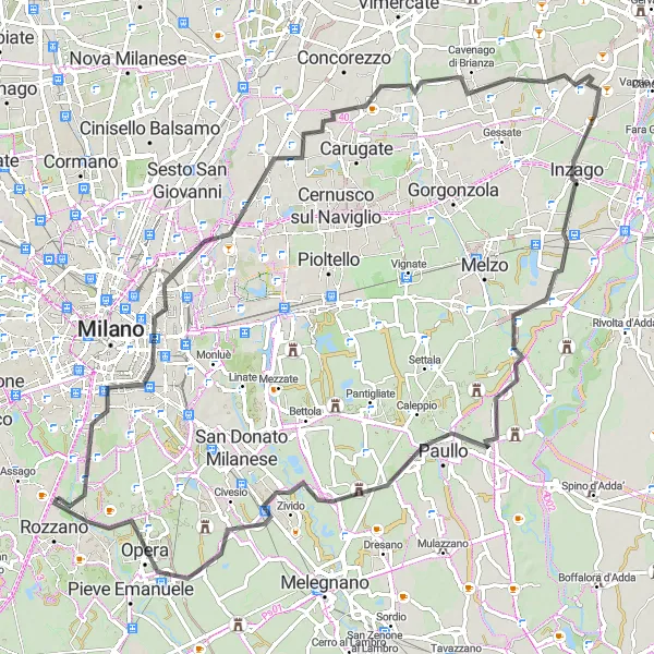 Mapa miniatúra "Road Route from Turro to Cassino Scanasio" cyklistická inšpirácia v Lombardia, Italy. Vygenerované cyklistickým plánovačom trás Tarmacs.app