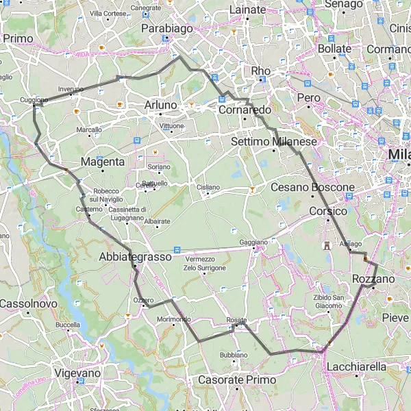 Mapa miniatúra "Road Route from Rozzano to Rosate" cyklistická inšpirácia v Lombardia, Italy. Vygenerované cyklistickým plánovačom trás Tarmacs.app
