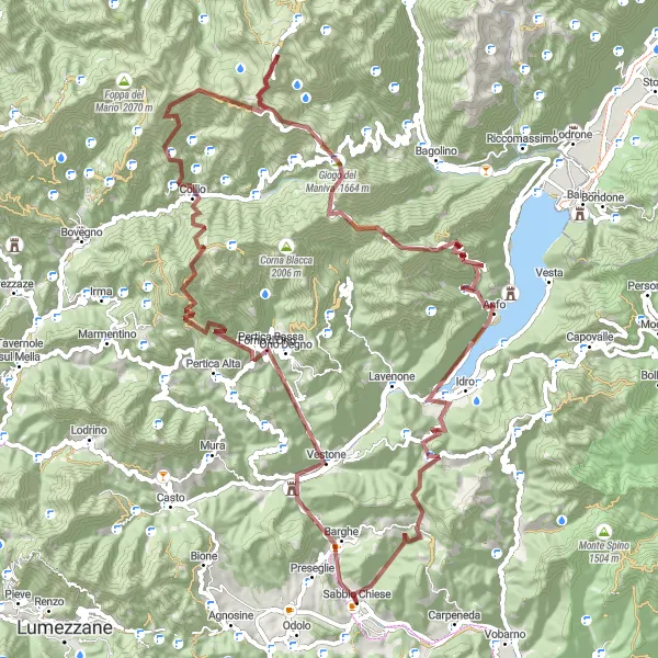 Zemljevid v pomanjšavi "Gravel Cycling Adventure around Sabbio Chiese" kolesarske inspiracije v Lombardia, Italy. Generirano z načrtovalcem kolesarskih poti Tarmacs.app