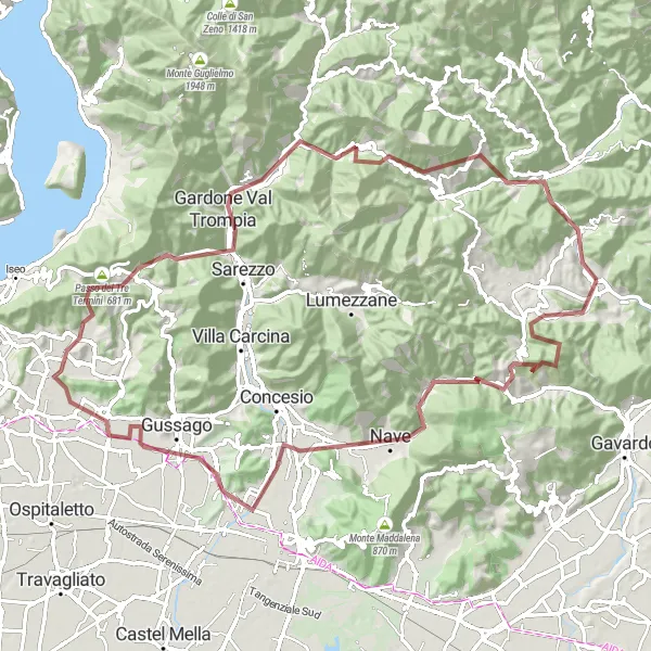 Miniatura della mappa di ispirazione al ciclismo "Avventura Gravel tra le Montagne vicino a Sabbio Chiese" nella regione di Lombardia, Italy. Generata da Tarmacs.app, pianificatore di rotte ciclistiche