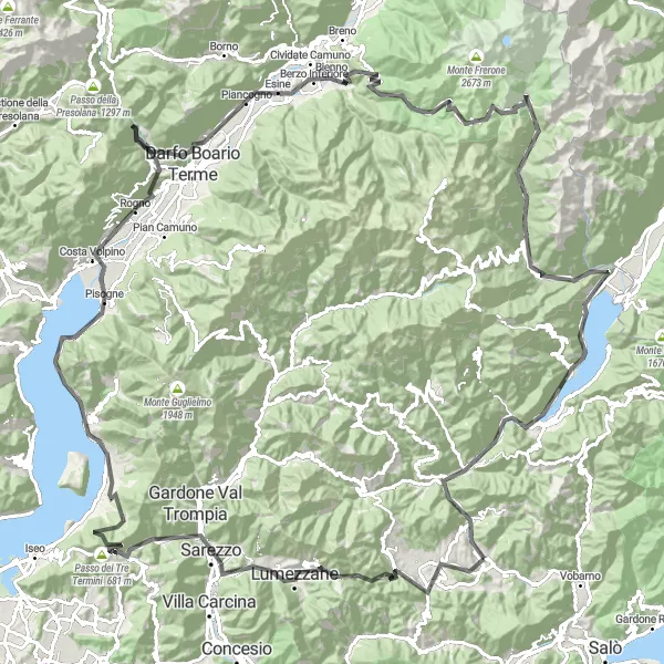 Zemljevid v pomanjšavi "Dolga cestna tura s panoramskimi razgledi" kolesarske inspiracije v Lombardia, Italy. Generirano z načrtovalcem kolesarskih poti Tarmacs.app