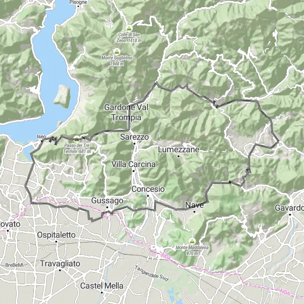 Miniatua del mapa de inspiración ciclista "Vuelta a Sabbio Chiese y alrededores" en Lombardia, Italy. Generado por Tarmacs.app planificador de rutas ciclistas