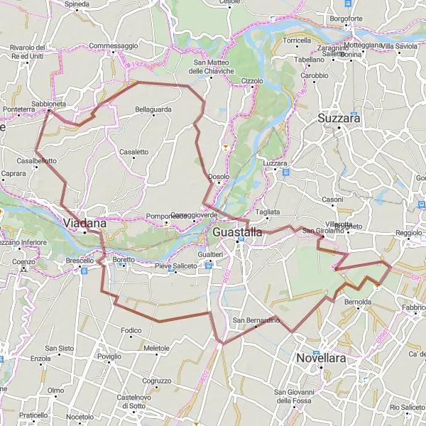 Miniature de la carte de l'inspiration cycliste "Exploration gravel de la vallée du Pô" dans la Lombardia, Italy. Générée par le planificateur d'itinéraire cycliste Tarmacs.app