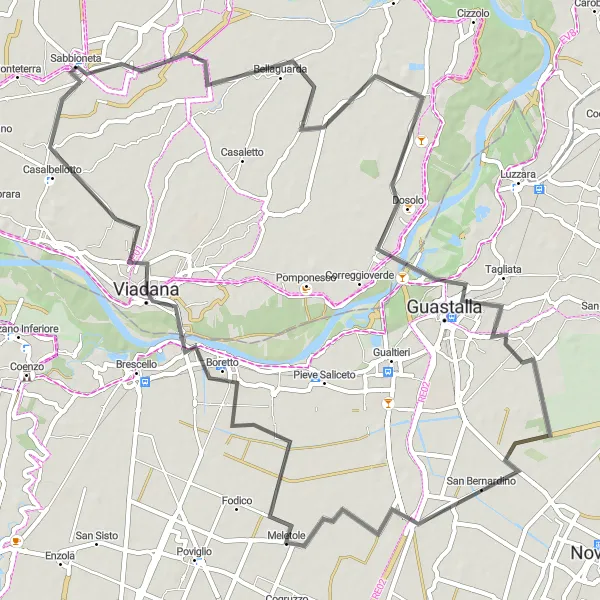 Miniature de la carte de l'inspiration cycliste "Découverte de l'arrière-pays de Sabbioneta" dans la Lombardia, Italy. Générée par le planificateur d'itinéraire cycliste Tarmacs.app