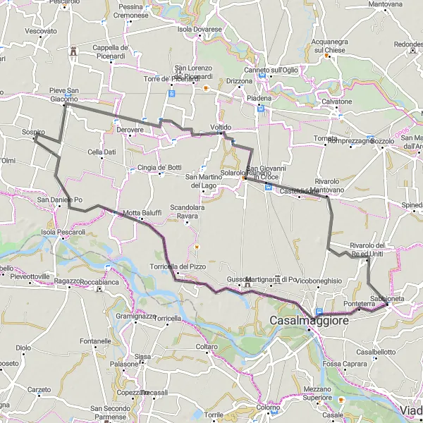 Miniatura mapy "Wycieczka rowerowa do Rivarolo del Re ed Uniti o zachodzie słońca" - trasy rowerowej w Lombardia, Italy. Wygenerowane przez planer tras rowerowych Tarmacs.app