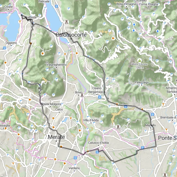 Miniatua del mapa de inspiración ciclista "Ruta Escénica hacia Monte Santa Margherita" en Lombardia, Italy. Generado por Tarmacs.app planificador de rutas ciclistas