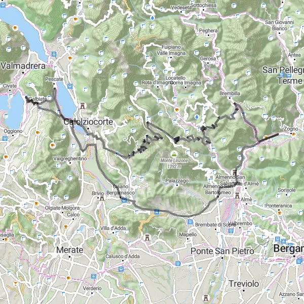 Kartminiatyr av "Cykla runt Bergamo och Lombardiet" cykelinspiration i Lombardia, Italy. Genererad av Tarmacs.app cykelruttplanerare