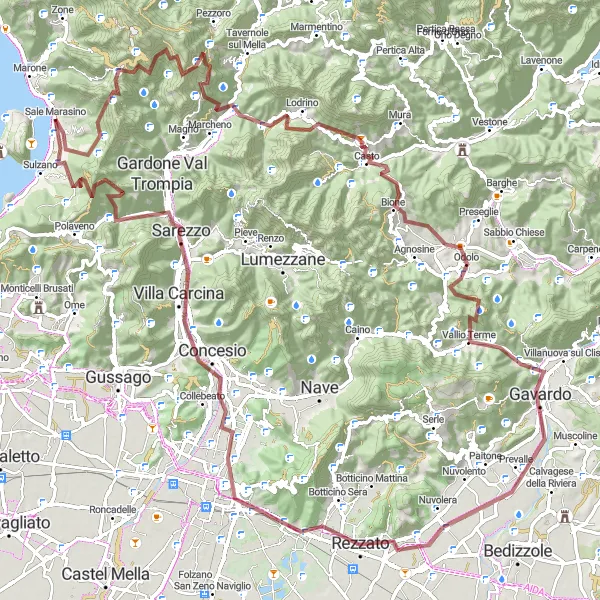 Miniature de la carte de l'inspiration cycliste "Parcours d'exception autour de Sale Marasino jusqu'à Ponza Gigante" dans la Lombardia, Italy. Générée par le planificateur d'itinéraire cycliste Tarmacs.app