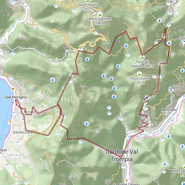 Miniature de la carte de l'inspiration cycliste "Traversée de Sale Marasino à Belvédère" dans la Lombardia, Italy. Générée par le planificateur d'itinéraire cycliste Tarmacs.app