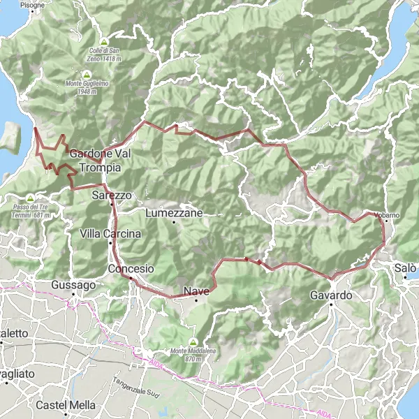 Miniatua del mapa de inspiración ciclista "Aventura Épica de Grava desde Sale Marasino a Sarezzo" en Lombardia, Italy. Generado por Tarmacs.app planificador de rutas ciclistas
