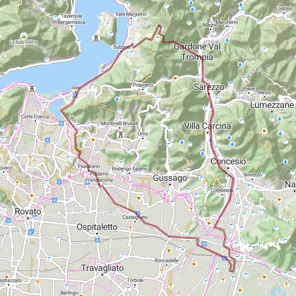 Map miniature of "The Gravel Adventure: Sale Marasino to Montecolino" cycling inspiration in Lombardia, Italy. Generated by Tarmacs.app cycling route planner