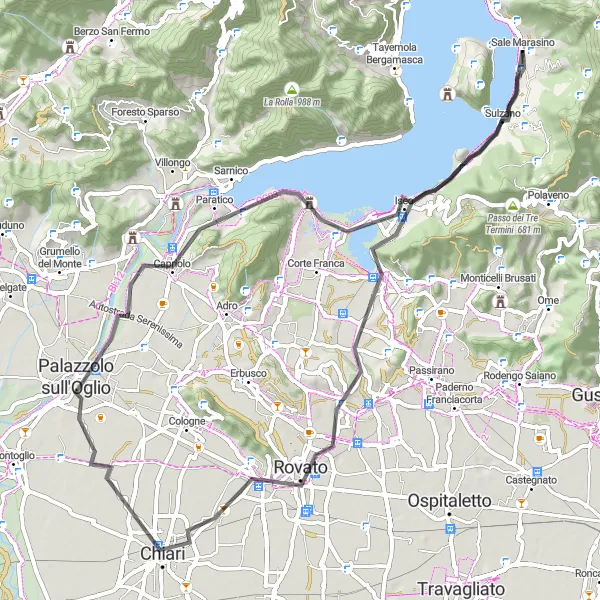 Miniature de la carte de l'inspiration cycliste "Tour cycliste entre Provaglio d'Iseo et Capriolo" dans la Lombardia, Italy. Générée par le planificateur d'itinéraire cycliste Tarmacs.app