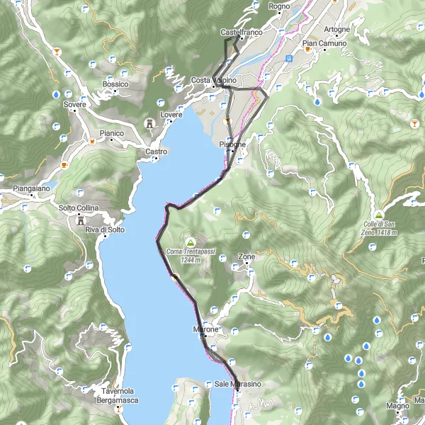 Map miniature of "Scenic Costa Volpino" cycling inspiration in Lombardia, Italy. Generated by Tarmacs.app cycling route planner