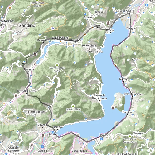 Miniatua del mapa de inspiración ciclista "Ruta de ciclismo por carretera de 75 km desde Sale Marasino" en Lombardia, Italy. Generado por Tarmacs.app planificador de rutas ciclistas