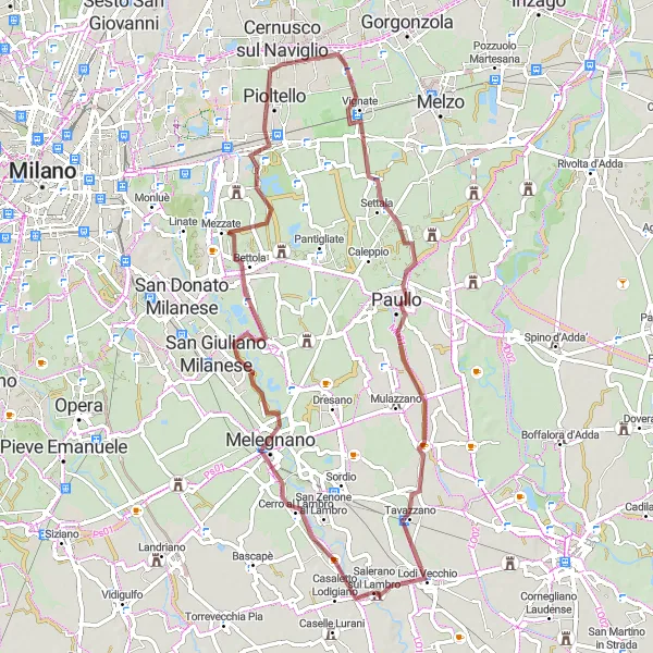 Miniaturní mapa "Gravelová cyklotrasa kolem Melegnano" inspirace pro cyklisty v oblasti Lombardia, Italy. Vytvořeno pomocí plánovače tras Tarmacs.app