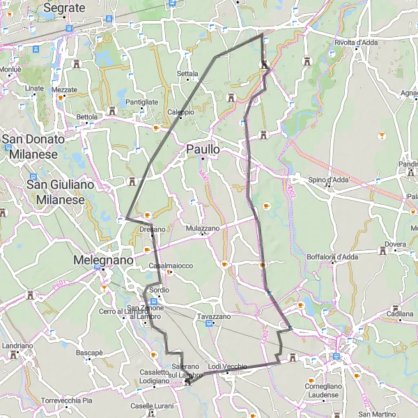 Kartminiatyr av "Sordio og Galgagnano Loop" sykkelinspirasjon i Lombardia, Italy. Generert av Tarmacs.app sykkelrutoplanlegger