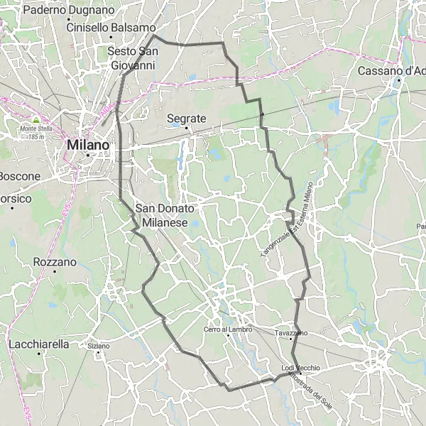 Kartminiatyr av "Salerano sul Lambro Loop 4" cykelinspiration i Lombardia, Italy. Genererad av Tarmacs.app cykelruttplanerare