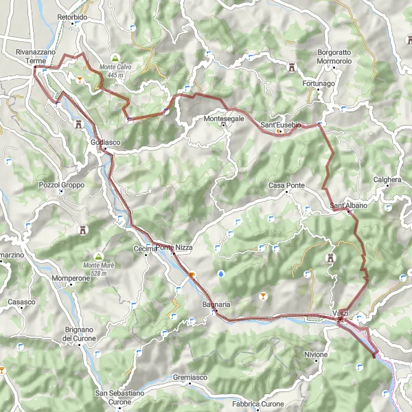 Kartminiatyr av "Äventyr på grusvägarna nära Salice Terme" cykelinspiration i Lombardia, Italy. Genererad av Tarmacs.app cykelruttplanerare
