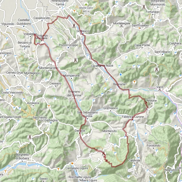 Miniaturekort af cykelinspirationen "Grusvej til Monte Giarolo Cykelrute" i Lombardia, Italy. Genereret af Tarmacs.app cykelruteplanlægger