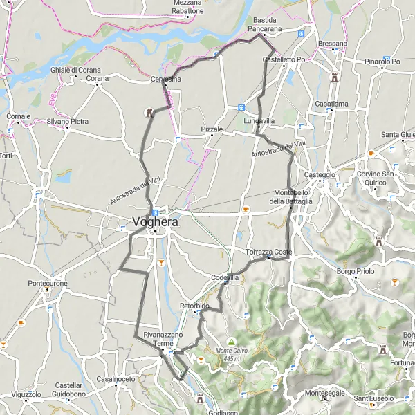 Kartminiatyr av "Rundtur till Cervesina och Lungavilla" cykelinspiration i Lombardia, Italy. Genererad av Tarmacs.app cykelruttplanerare