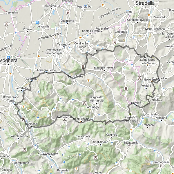 Miniaturní mapa "Road cyklistická trasa kolem Salice Terme" inspirace pro cyklisty v oblasti Lombardia, Italy. Vytvořeno pomocí plánovače tras Tarmacs.app