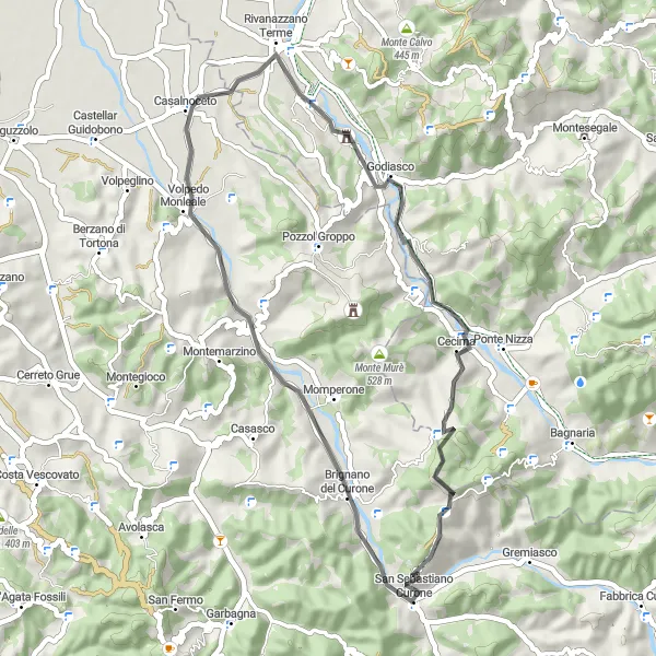 Miniatua del mapa de inspiración ciclista "Ruta de ciclismo de carretera por Salice Terme y San Sebastiano Curone" en Lombardia, Italy. Generado por Tarmacs.app planificador de rutas ciclistas